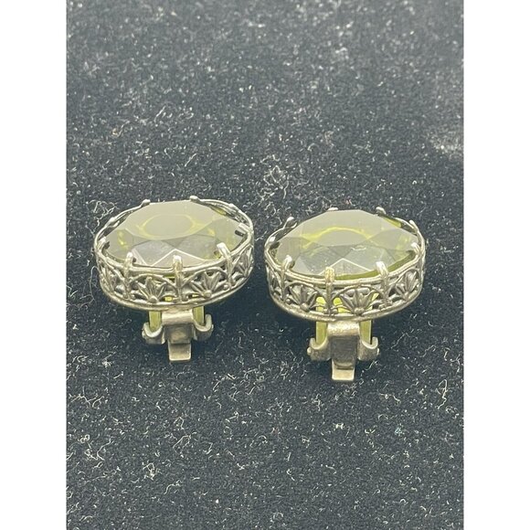 Vintage Made in Austria Dark Green Headlight Silver-tone Clip on Earrings HTF - Picture 14 of 16